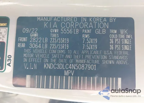 2022 Kia Ev6 Wind z USA, uszkodzony, nr VIN KNDC3DLC4N5087901